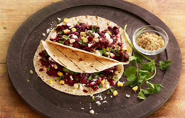 Daal Beet Tacos With Fresh Corn And Cotija
